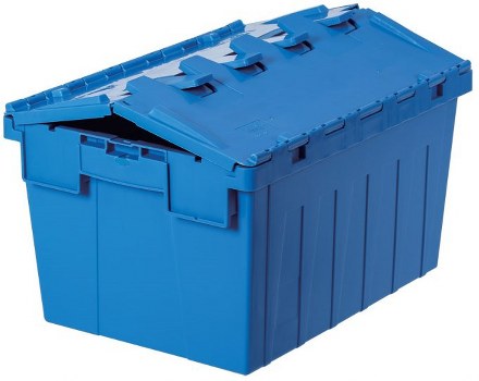 A blue plastic rubbish storage container with a partially open hinged lid, situated outdoors on a paved area, possibly a driveway or street frontage. The container features a textured surface with vertical ridges along its sides and reinforced edges on the lid for durability. Surrounding the container are elements typical of an urban environment, such as a concrete pavement and a glimpse of nearby property features. Natural daylight illuminates the scene, highlighting the container's clean, solid finish and the contrasting shadow cast by the partially open lid. This image relates to waste management services provided by Business Waste Removal Stoke Newington, serving local businesses in the N16 postcode area with reliable rubbish removal solutions. The container's robust construction and practical design emphasize efficient waste storage and collection in the context of community and commercial waste disposal needs in Stoke Newington or surrounding districts.